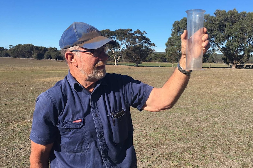 Farmer holds rain gauge in one hand while inspecting its contents in paddock