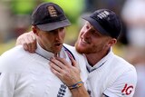England captain Ben Stokes puts his arm around an angry Joe Root in the field during an Ashes Test.