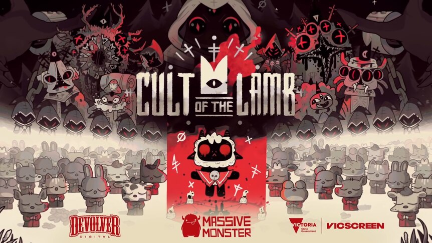 A screenshot of an advertisement for a video game showing a cartoon lamb surrounded by other animals, in a red and black motif.