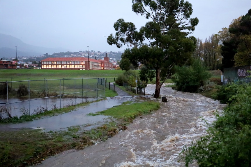 A fast-flowing and swollen creek near a field.