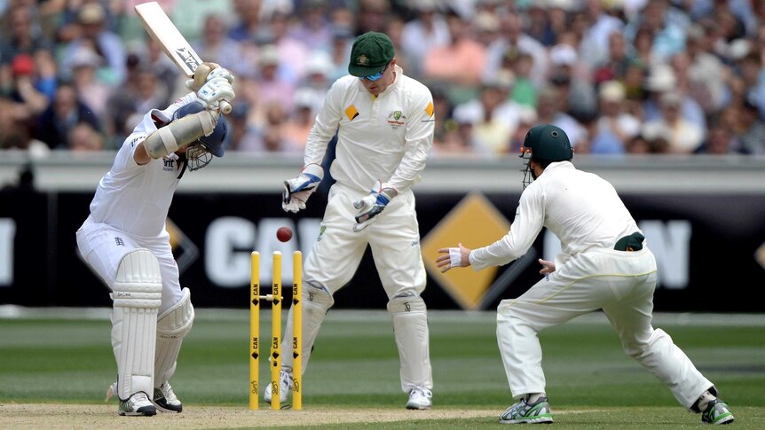 Monty Panesar is bowled by Nathan Lyon during day two of the Boxing Day Test.