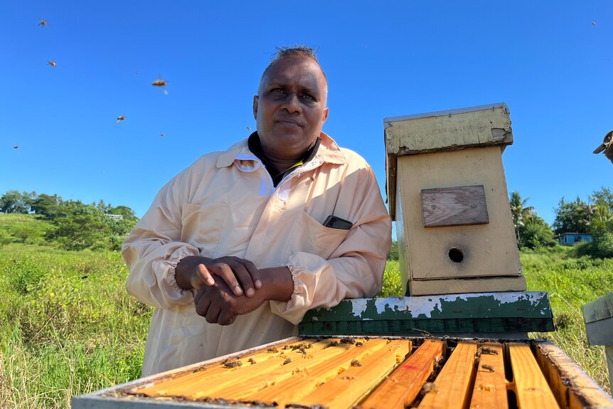 Fiji beekeeper in beekeeping suit leans on hive. 