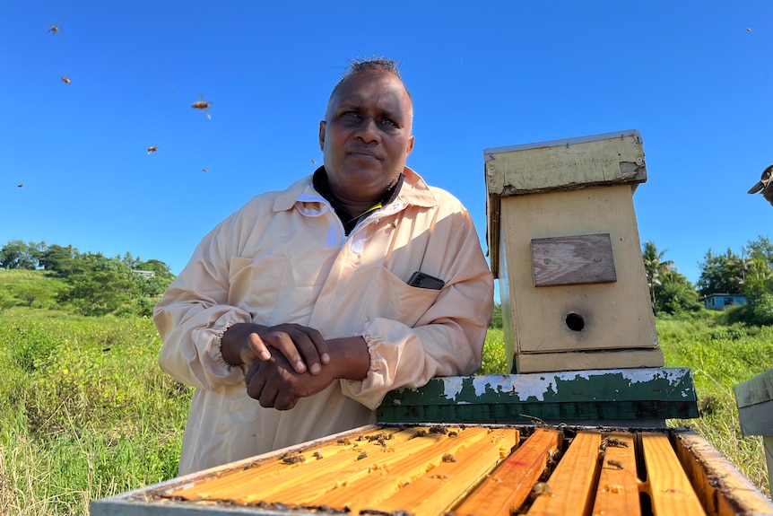 Fiji beekeeper in beekeeping suit leans on hive. 