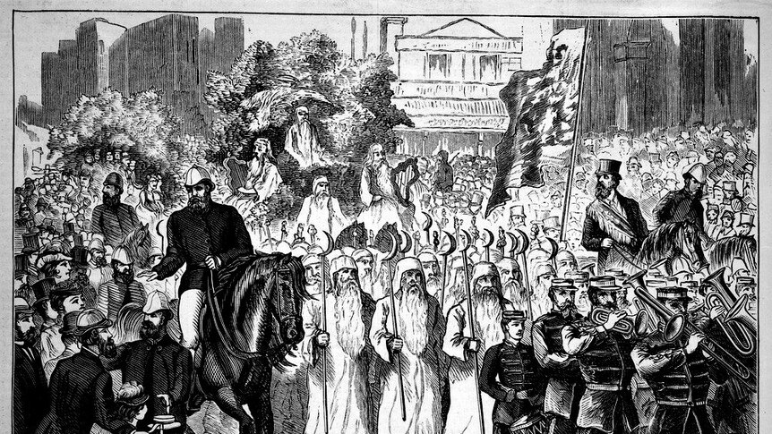 Black and white drawing showing a Druids parade in action.