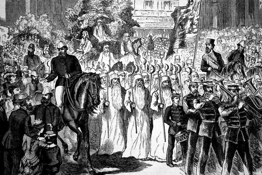 Black and white drawing showing a Druids parade in action.
