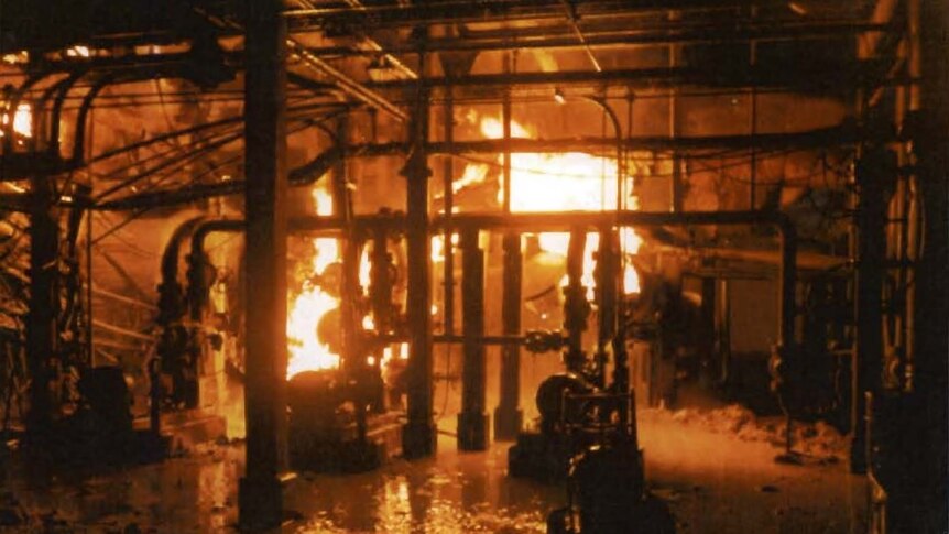 A fire burning in a pump room.