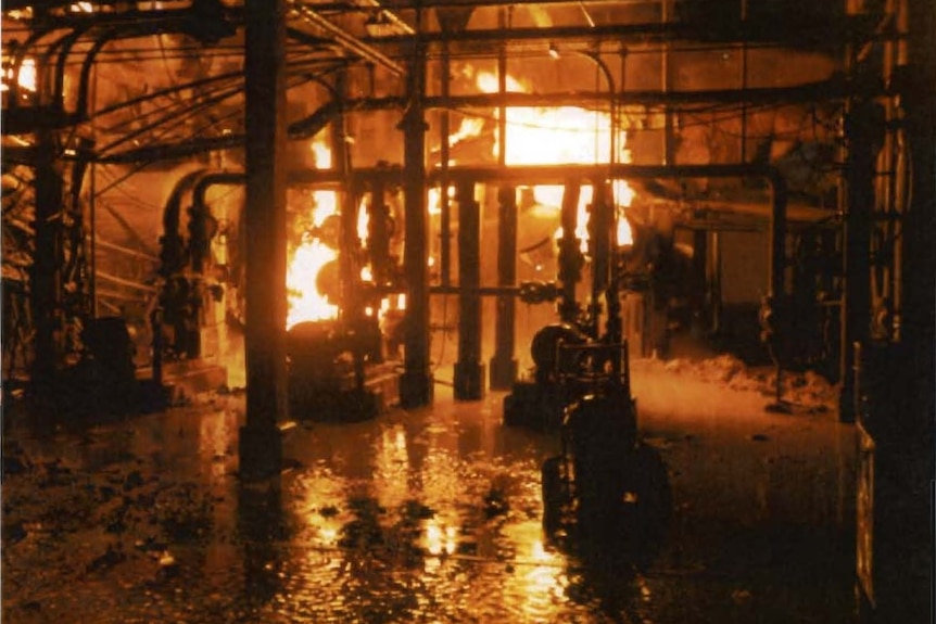 A fire burning in a pump room.