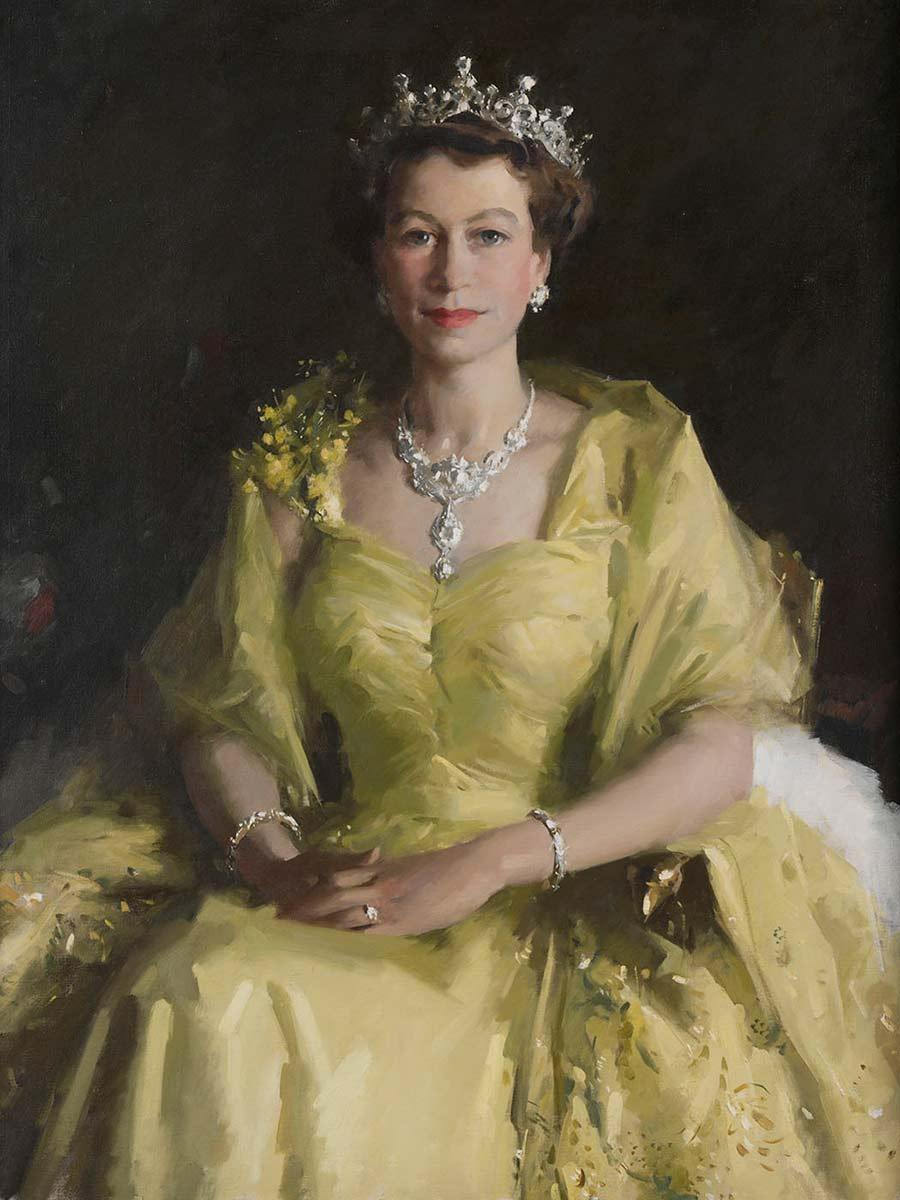 A painting of the queen in a flouncy wattle-yellow dress, wearing a diamond crown and necklace