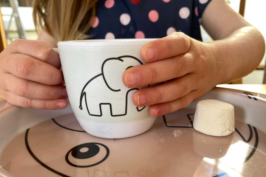 A child holding a cup in her hand.