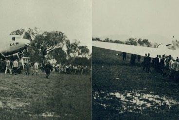 A composite black and white photo of people pulling out a plane.