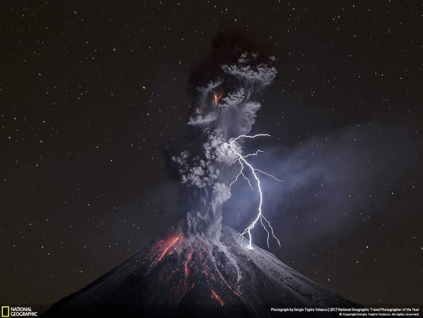 A powerful eruption illuminates the slopes of Mexico’s Colima Volcano.