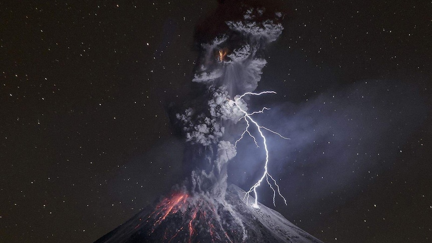 A powerful eruption illuminates the slopes of Mexico’s Colima Volcano.