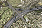 An aerial artist impression of road on-ramps and off-ramps connecting traffic to the proposed Eastern Freeway interchange.