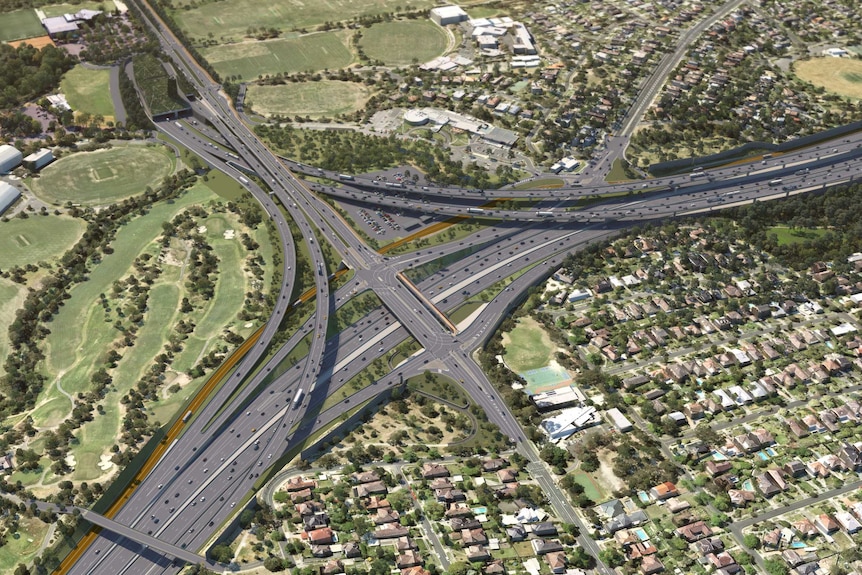 An aerial artist impression of road on-ramps and off-ramps connecting traffic to the proposed Eastern Freeway interchange.