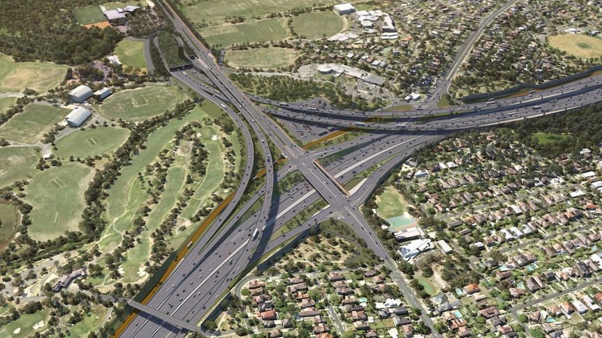 An aerial artist impression of road on-ramps and off-ramps connecting traffic to the proposed Eastern Freeway interchange.