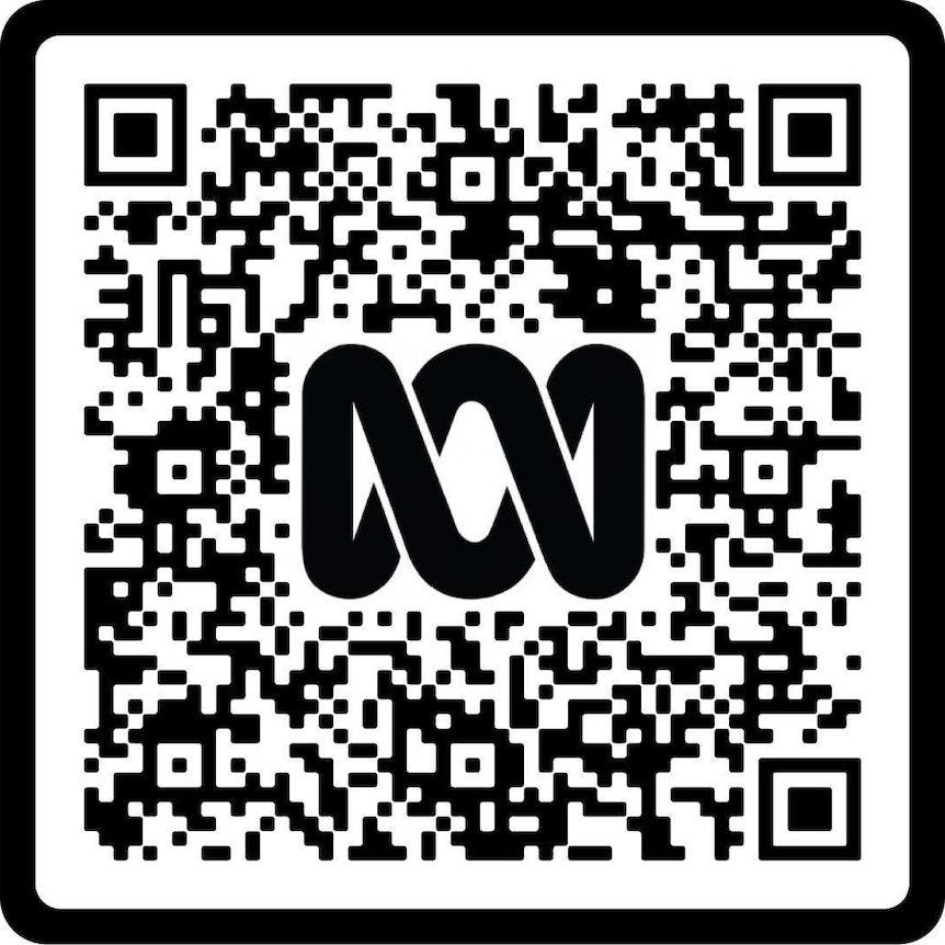 A black and white QR code with ABC logo in middle.