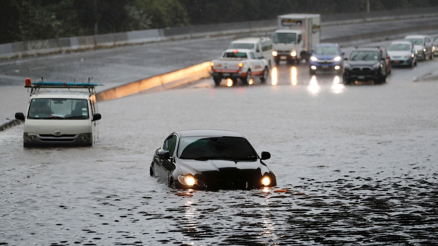 Vehicles are stranded by flood water that almost covers the headlights and bonnet of a sedan.