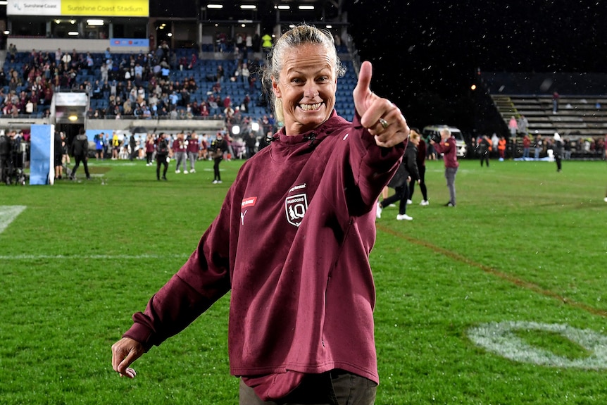 Queensland Maroons coach Tahnee Norris gives the camera a thumbs-up after the 2021 Women's State of Origin game.