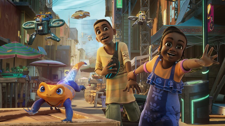 An animation featuring two black characters in bustling futuristic Lagos, a robotic lizard beside them