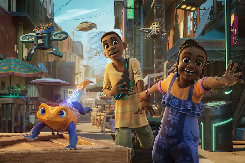 An animation featuring two black characters in bustling futuristic Lagos, a robotic lizard beside them
