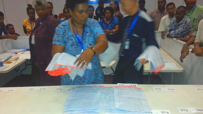 Fiji pre-poll ballot papers being sorted