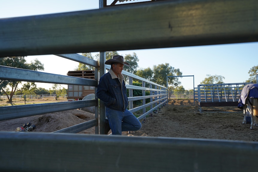 A man in a 10-gallon hat stands in a stockyard.