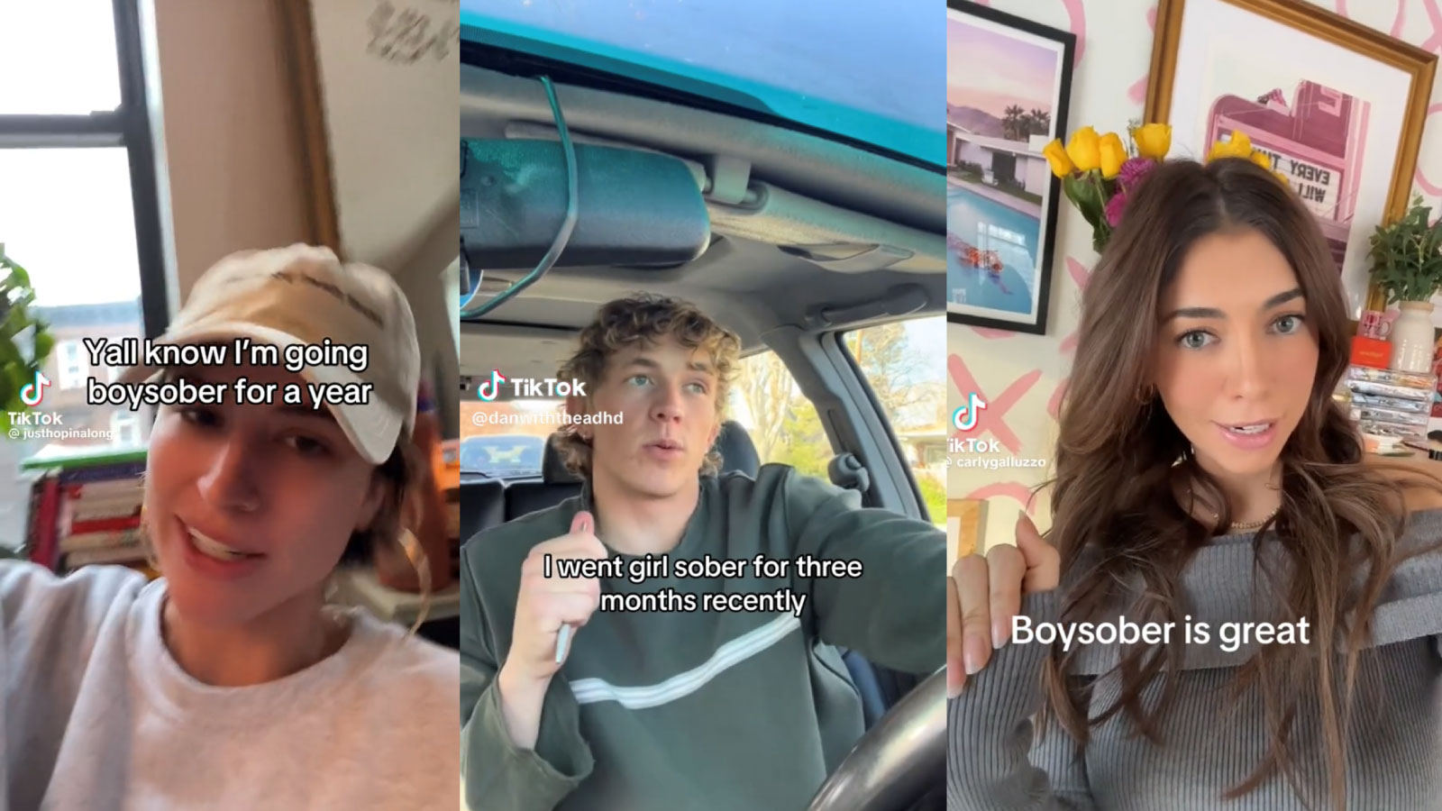 a tiktok of a girl with brown short hair with text "I'm going boy sober for a year"