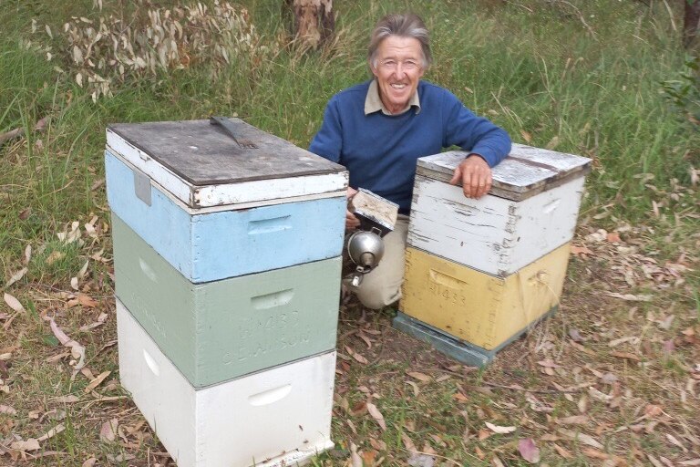 A man wearing a blue jumper stands between two wooden beehives