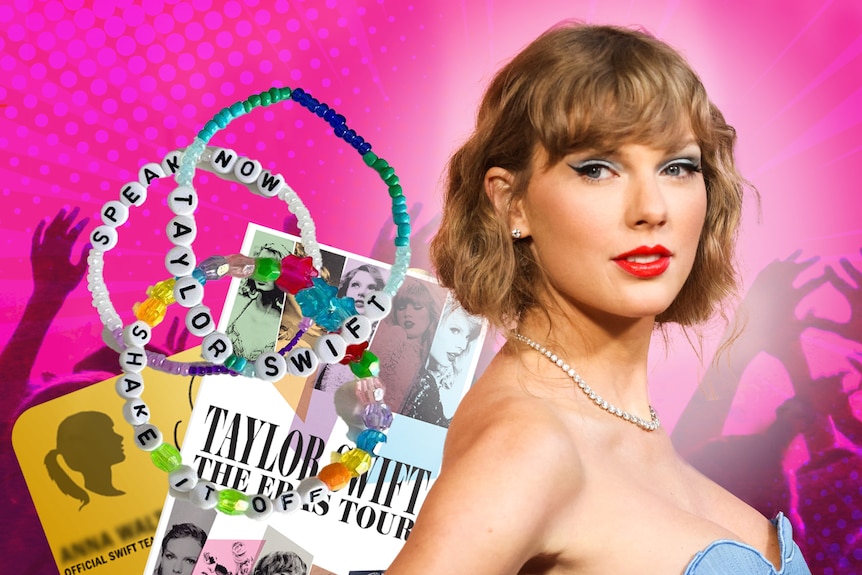 A composite graphic on a pink background featuring a smiling Taylor Swift, friendship bracelets, an Eras poster and ticket.