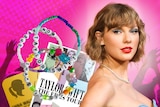 A composite graphic on a pink background featuring a smiling Taylor Swift, friendship bracelets, an Eras poster and ticket.
