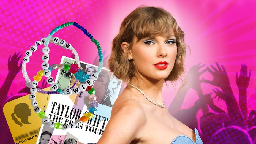 A composite graphic on a pink background featuring a smiling Taylor Swift, friendship bracelets, an Eras poster and ticket.