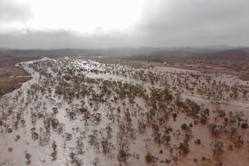 A drone photo of a flooded outback landscape.