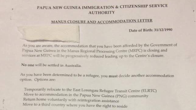 A copy of the letter given to refugees inside the Manus Island detention centre today.