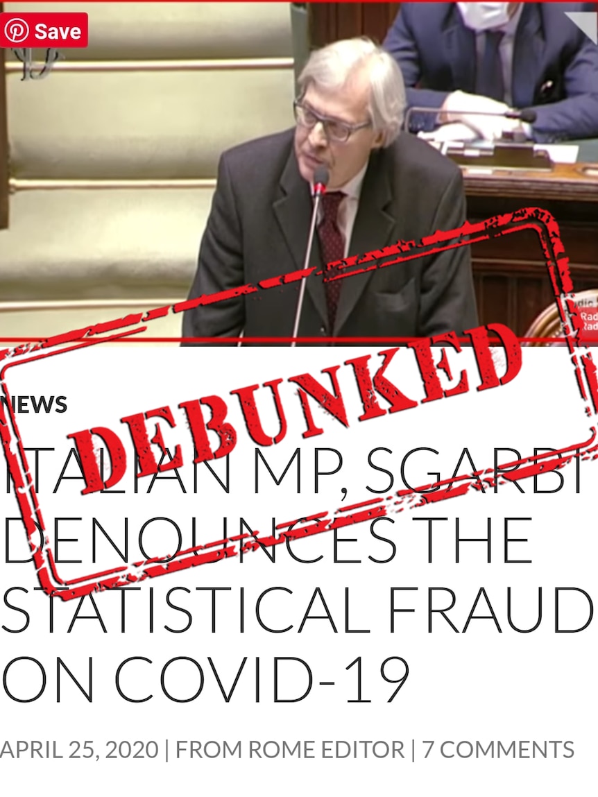 A news headline which claims Italian politician has "denounced the statistic fraud on COVID-19" overlayed with a debunked stamp