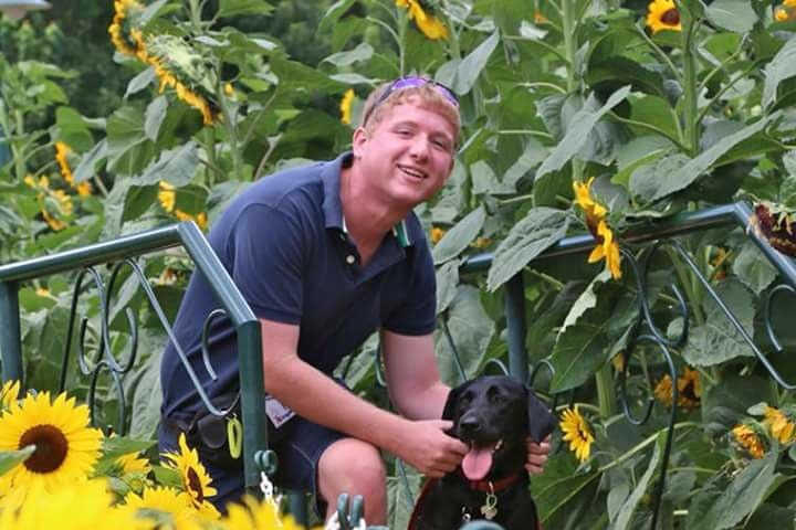 Lachlan Miles stands among sunflowers in a garden in Toowoomba with his seizure dog.