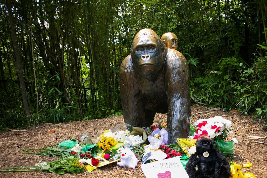 Flowers at the foot of a gorilla statue