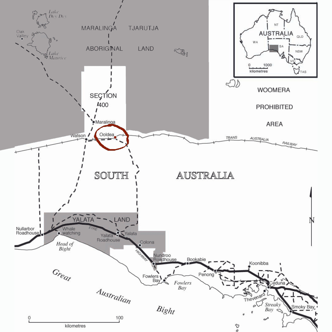 A black and white map of South Australia with the town of Ooldea circled in red, and Australia shown in the top right
