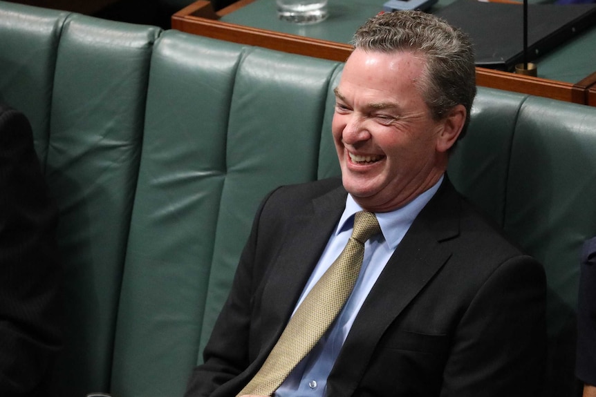 Christopher Pyne laughs during Question Time. He's sitting down.