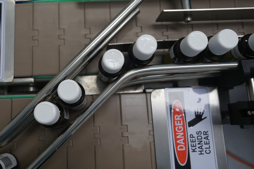 birds eye view of a conveyor belt transporting small dark glass bottles with white plastic caps 