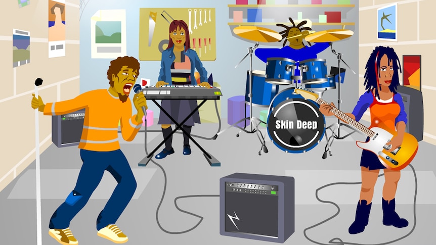 Cartoon of four people playing in musical band