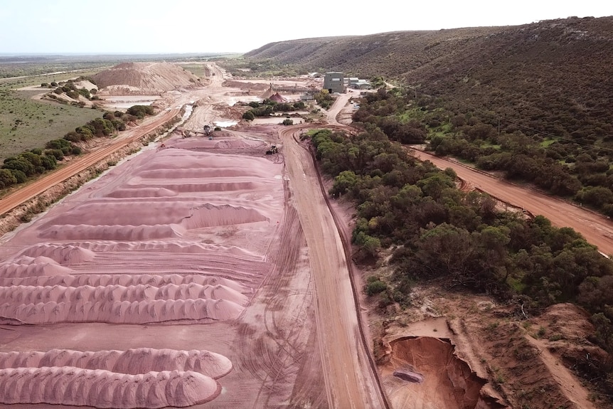 Pink mineral sand mine from the air. 