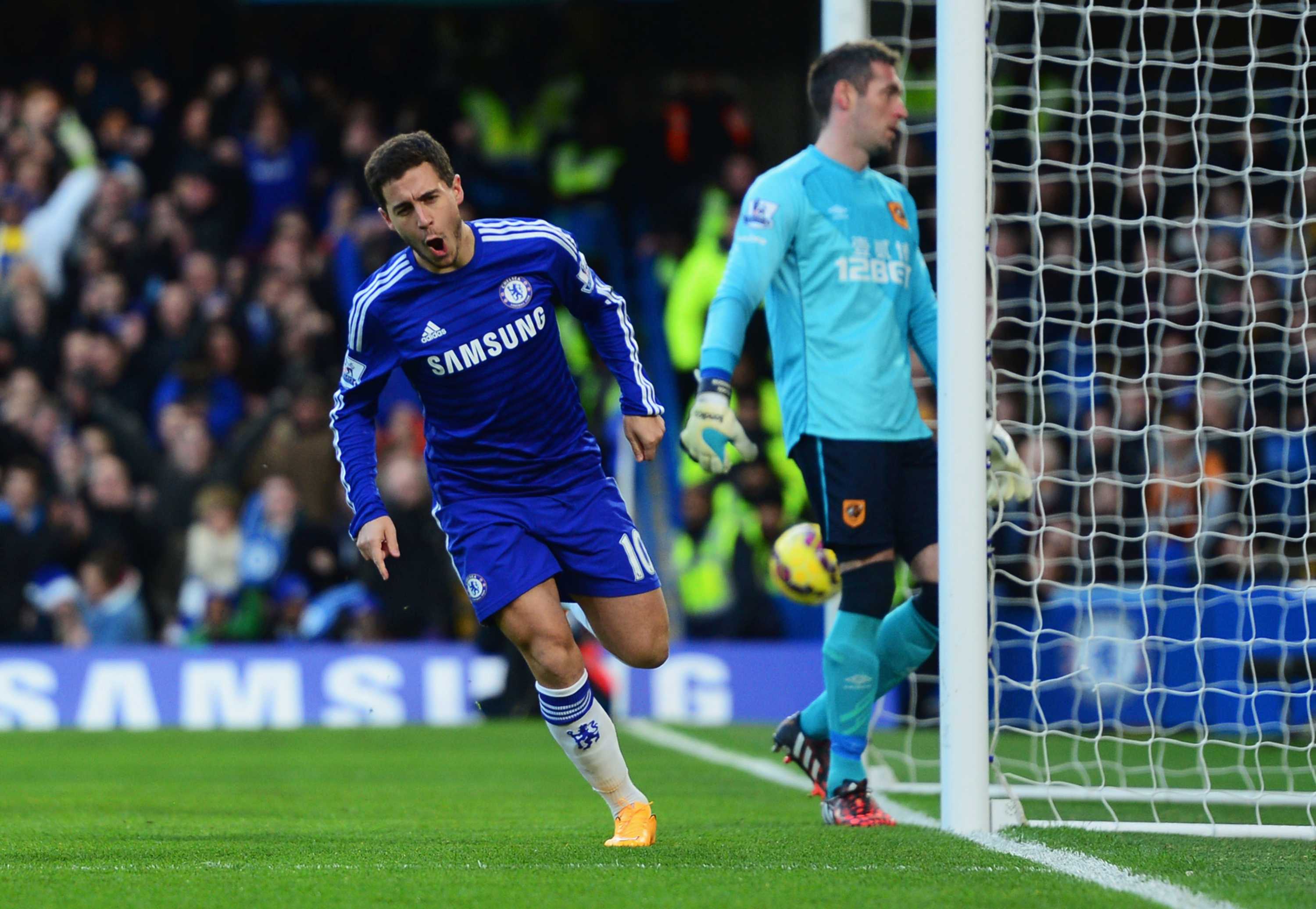 Eden Hazard celebrates after scoring for Chelsea