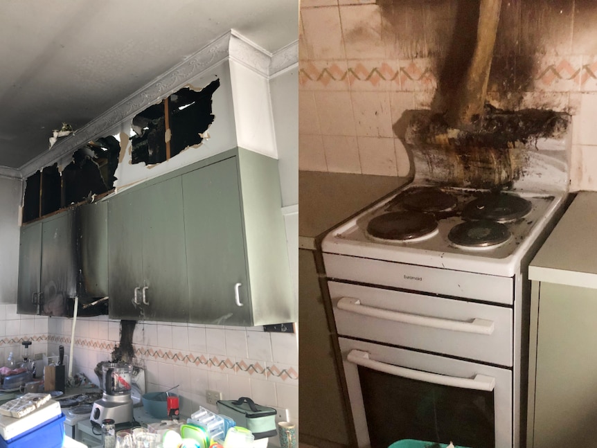 Two images: One showing fire damage to a set of kitchen cupboards, the other showing black scorch marks over an oven.