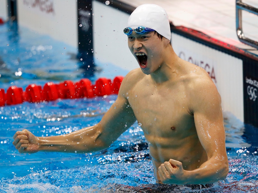 China's Sun Yang shouts after winning the 400m freestyle final.