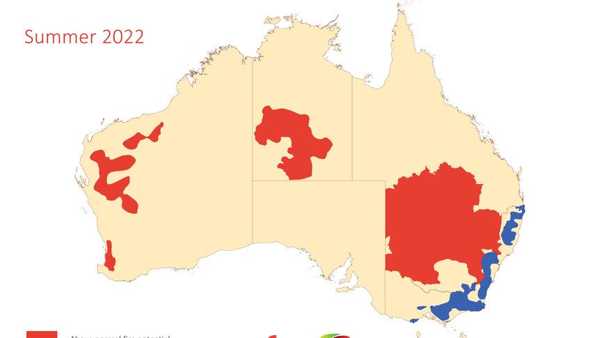 A map of Australia showing southern WA and large parts of inland NSW at risk of bushfire this summer
