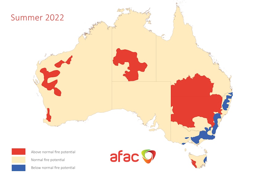 A map of Australia showing southern WA and large parts of inland NSW at risk of bushfire this summer