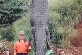 A man stands next to a 4.3 metre crocodile on the banks of the South Johnstone River at a farm south of Cairns, date unknown.