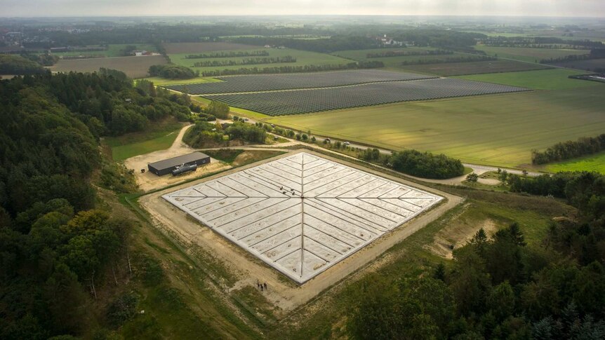 An aerial photo of a thermal solar heating plant built at Dronninglund, Denmark.
