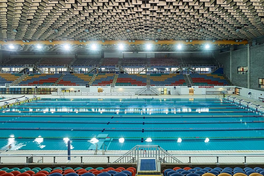 Overlooking the Olympic swimming pool at Brisbane Aquatic Centre