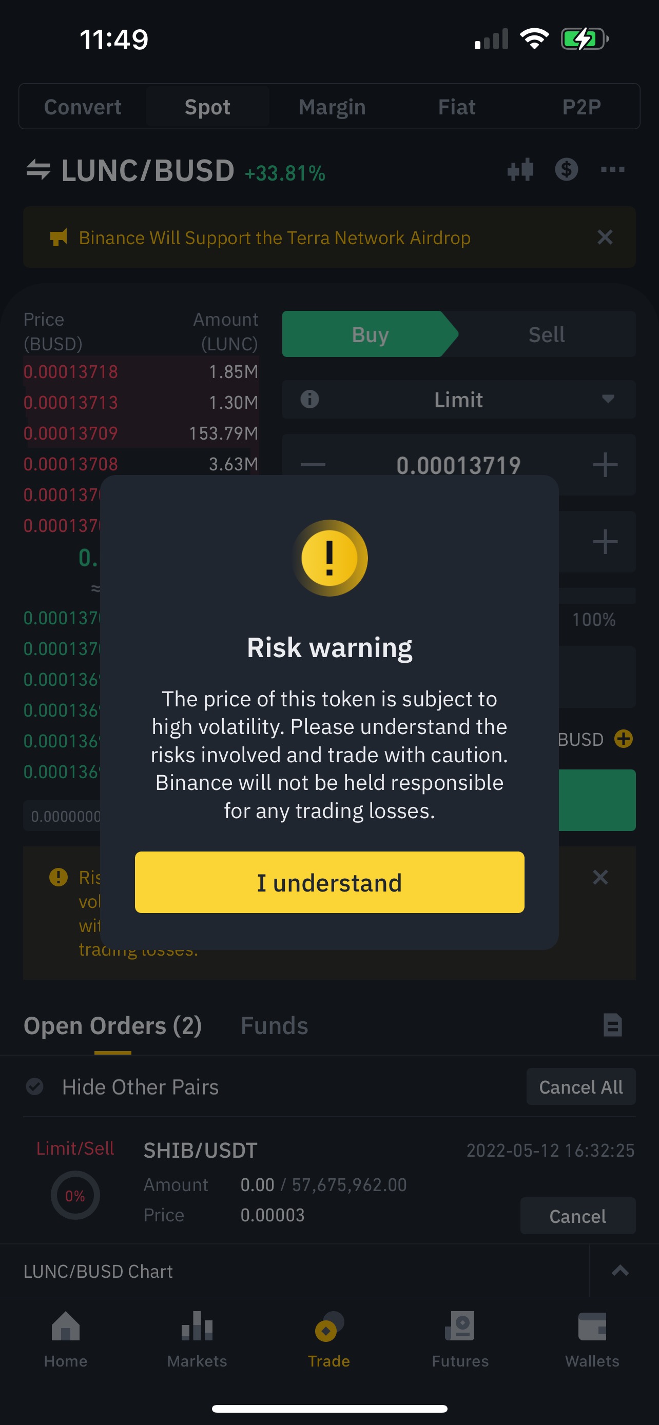 screenshot of binance warning to a customer